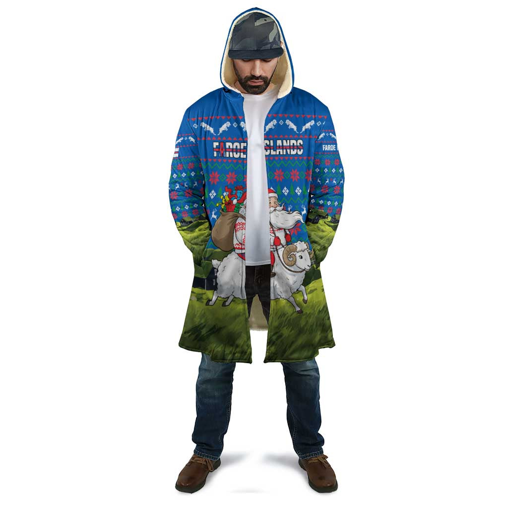 Faroe Islands Christmas Cloak with Santa Riding Sheep Grass Roof Houses and Blue Nordic Pattern Design - Wonder Print Shop