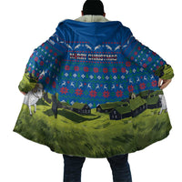 Faroe Islands Christmas Cloak with Santa Riding Sheep Grass Roof Houses and Blue Nordic Pattern Design - Wonder Print Shop