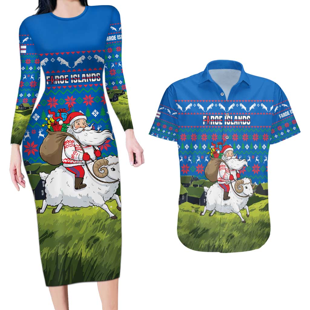 Faroe Islands Christmas Couples Matching Long Sleeve Bodycon Dress and Hawaiian Shirt with Santa Riding Sheep Grass Roof Houses and Blue Nordic Pattern Design - Wonder Print Shop