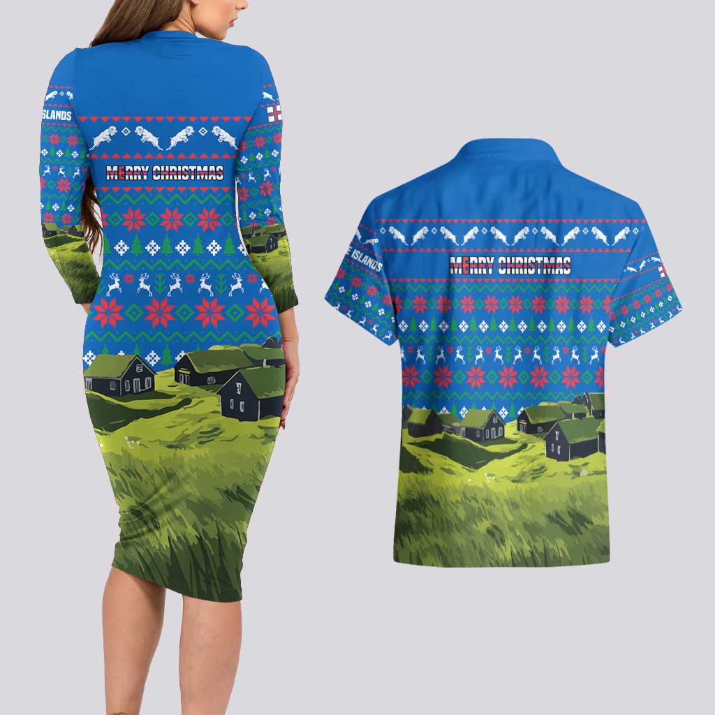 Faroe Islands Christmas Couples Matching Long Sleeve Bodycon Dress and Hawaiian Shirt with Santa Riding Sheep Grass Roof Houses and Blue Nordic Pattern Design - Wonder Print Shop