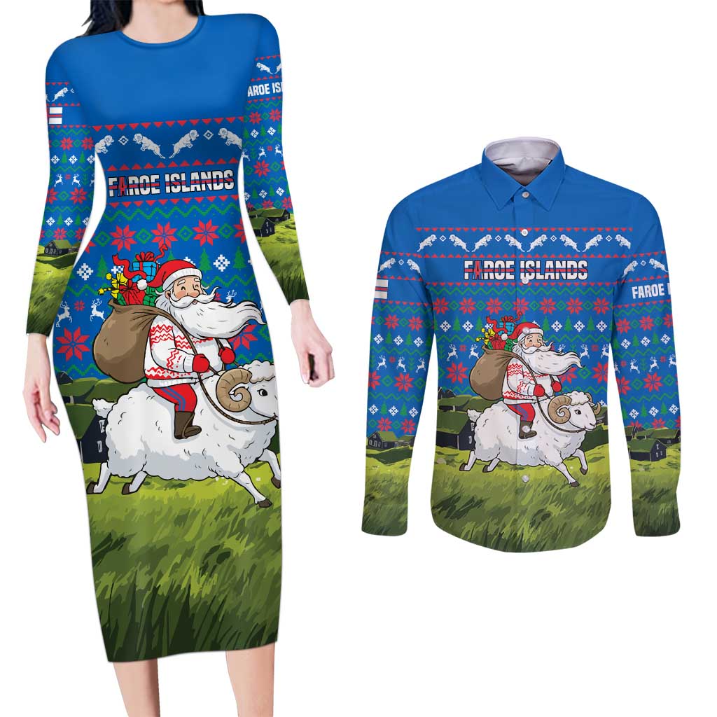 Faroe Islands Christmas Couples Matching Long Sleeve Bodycon Dress and Long Sleeve Button Shirt with Santa Riding Sheep Grass Roof Houses and Blue Nordic Pattern Design - Wonder Print Shop