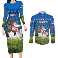 Faroe Islands Christmas Couples Matching Long Sleeve Bodycon Dress and Long Sleeve Button Shirt with Santa Riding Sheep Grass Roof Houses and Blue Nordic Pattern Design - Wonder Print Shop