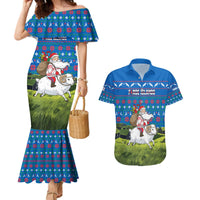 Faroe Islands Christmas Couples Matching Mermaid Dress and Hawaiian Shirt with Santa Riding Sheep Grass Roof Houses and Blue Nordic Pattern Design - Wonder Print Shop