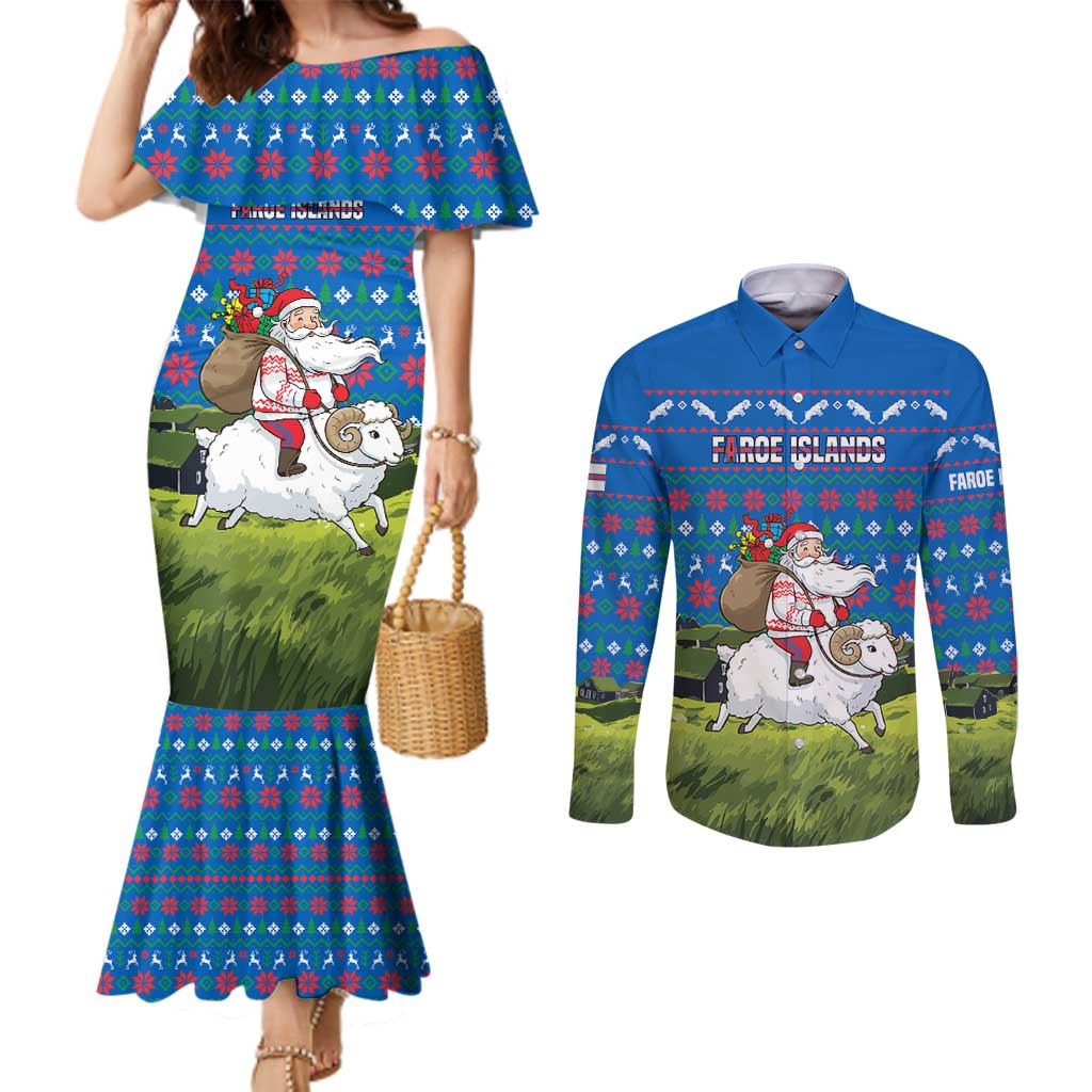 Faroe Islands Christmas Couples Matching Mermaid Dress and Long Sleeve Button Shirt with Santa Riding Sheep Grass Roof Houses and Blue Nordic Pattern Design - Wonder Print Shop