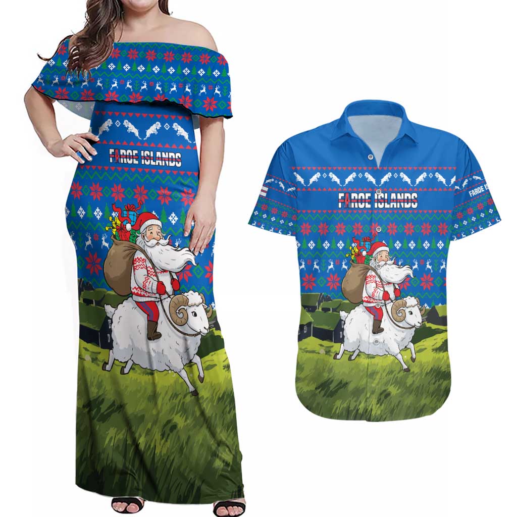 Faroe Islands Christmas Couples Matching Off Shoulder Maxi Dress and Hawaiian Shirt with Santa Riding Sheep Grass Roof Houses and Blue Nordic Pattern Design - Wonder Print Shop