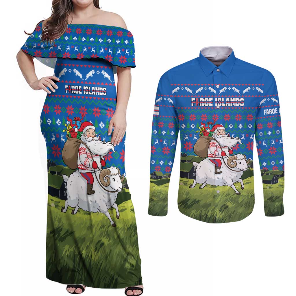 Faroe Islands Christmas Couples Matching Off Shoulder Maxi Dress and Long Sleeve Button Shirt with Santa Riding Sheep Grass Roof Houses and Blue Nordic Pattern Design - Wonder Print Shop