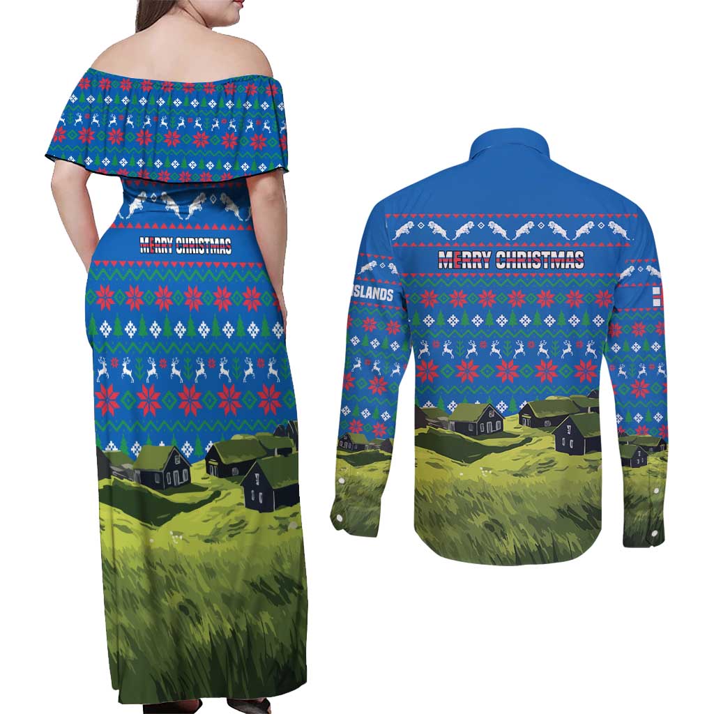 Faroe Islands Christmas Couples Matching Off Shoulder Maxi Dress and Long Sleeve Button Shirt with Santa Riding Sheep Grass Roof Houses and Blue Nordic Pattern Design - Wonder Print Shop