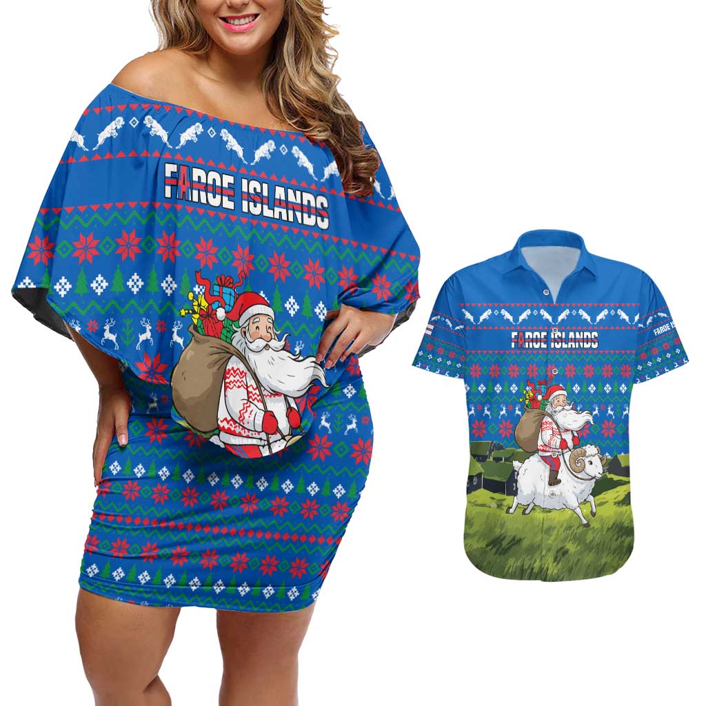 Faroe Islands Christmas Couples Matching Off Shoulder Short Dress and Hawaiian Shirt with Santa Riding Sheep Grass Roof Houses and Blue Nordic Pattern Design - Wonder Print Shop