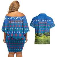 Faroe Islands Christmas Couples Matching Off Shoulder Short Dress and Hawaiian Shirt with Santa Riding Sheep Grass Roof Houses and Blue Nordic Pattern Design - Wonder Print Shop