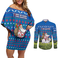 Faroe Islands Christmas Couples Matching Off Shoulder Short Dress and Long Sleeve Button Shirt with Santa Riding Sheep Grass Roof Houses and Blue Nordic Pattern Design - Wonder Print Shop