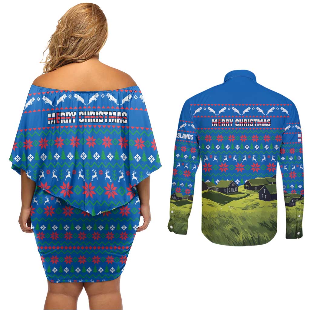 Faroe Islands Christmas Couples Matching Off Shoulder Short Dress and Long Sleeve Button Shirt with Santa Riding Sheep Grass Roof Houses and Blue Nordic Pattern Design - Wonder Print Shop