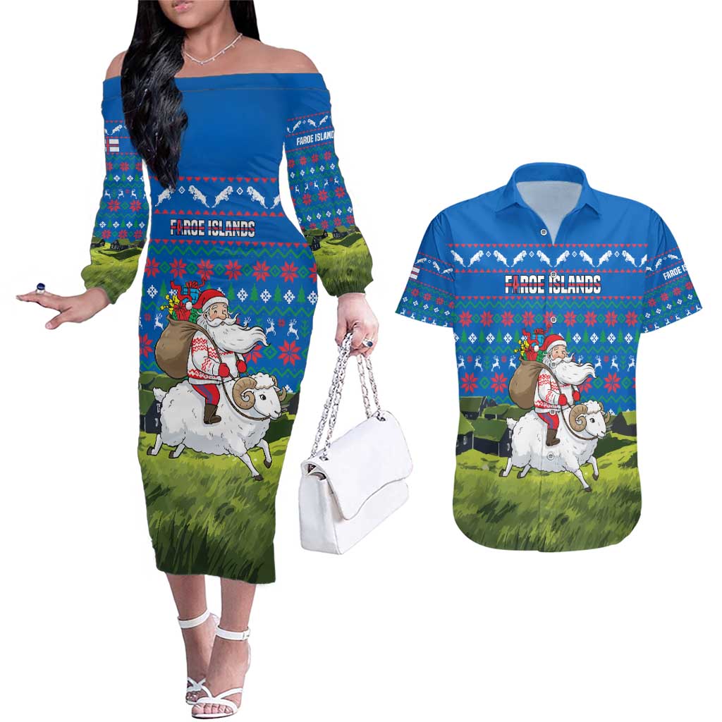 Faroe Islands Christmas Couples Matching Off The Shoulder Long Sleeve Dress and Hawaiian Shirt with Santa Riding Sheep Grass Roof Houses and Blue Nordic Pattern Design - Wonder Print Shop