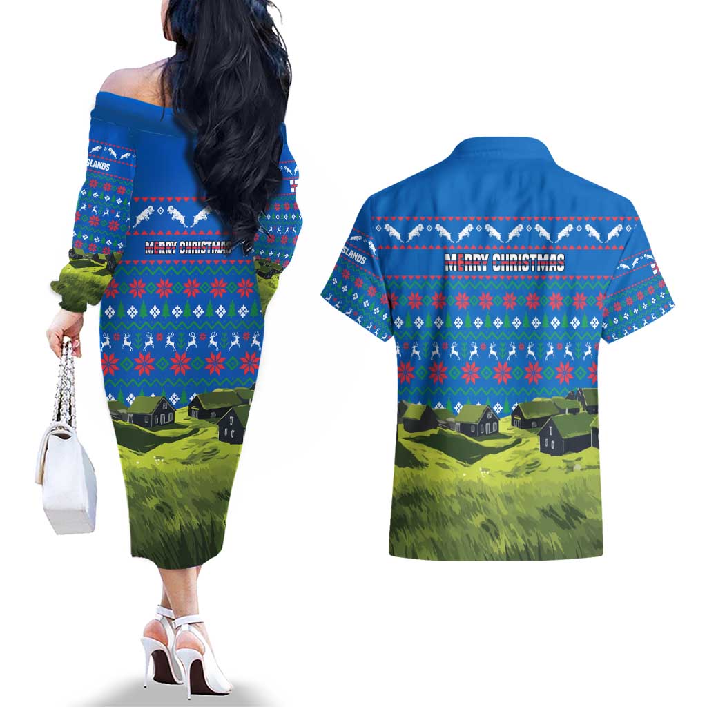 Faroe Islands Christmas Couples Matching Off The Shoulder Long Sleeve Dress and Hawaiian Shirt with Santa Riding Sheep Grass Roof Houses and Blue Nordic Pattern Design - Wonder Print Shop