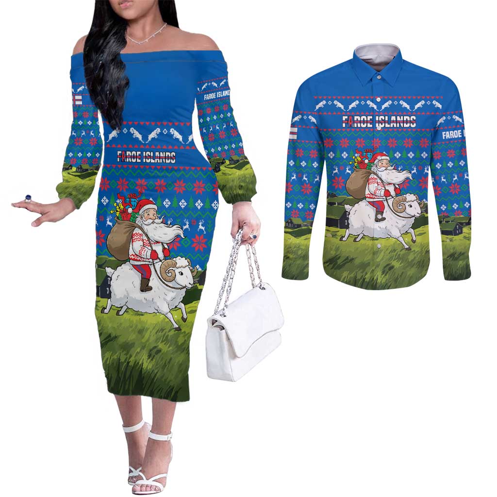 Faroe Islands Christmas Couples Matching Off The Shoulder Long Sleeve Dress and Long Sleeve Button Shirt with Santa Riding Sheep Grass Roof Houses and Blue Nordic Pattern Design - Wonder Print Shop