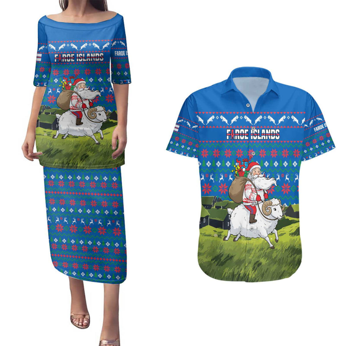 Faroe Islands Christmas Couples Matching Puletasi and Hawaiian Shirt with Santa Riding Sheep Grass Roof Houses and Blue Nordic Pattern Design - Wonder Print Shop