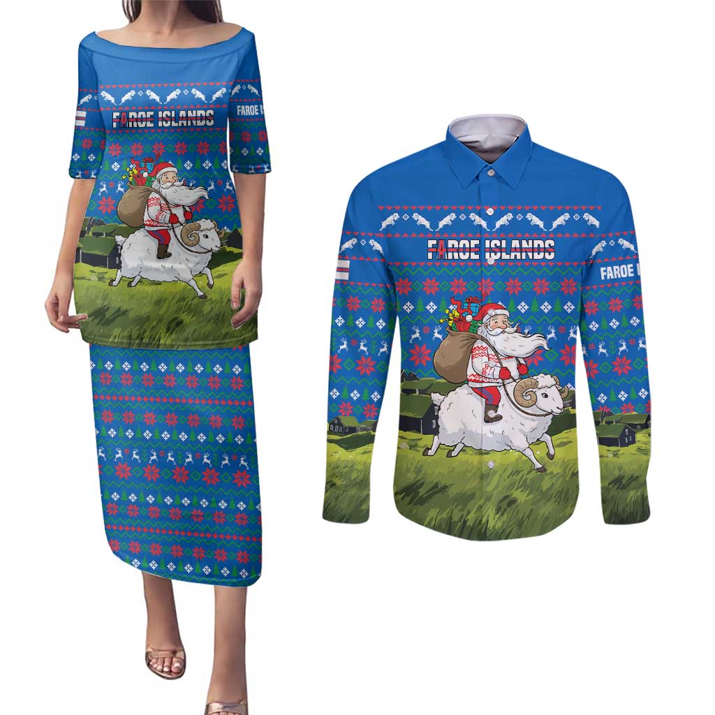 Faroe Islands Christmas Couples Matching Puletasi and Long Sleeve Button Shirt with Santa Riding Sheep Grass Roof Houses and Blue Nordic Pattern Design - Wonder Print Shop