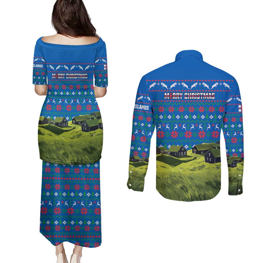 Faroe Islands Christmas Couples Matching Puletasi and Long Sleeve Button Shirt with Santa Riding Sheep Grass Roof Houses and Blue Nordic Pattern Design - Wonder Print Shop