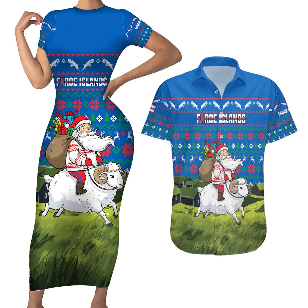 Faroe Islands Christmas Couples Matching Short Sleeve Bodycon Dress and Hawaiian Shirt with Santa Riding Sheep Grass Roof Houses and Blue Nordic Pattern Design - Wonder Print Shop