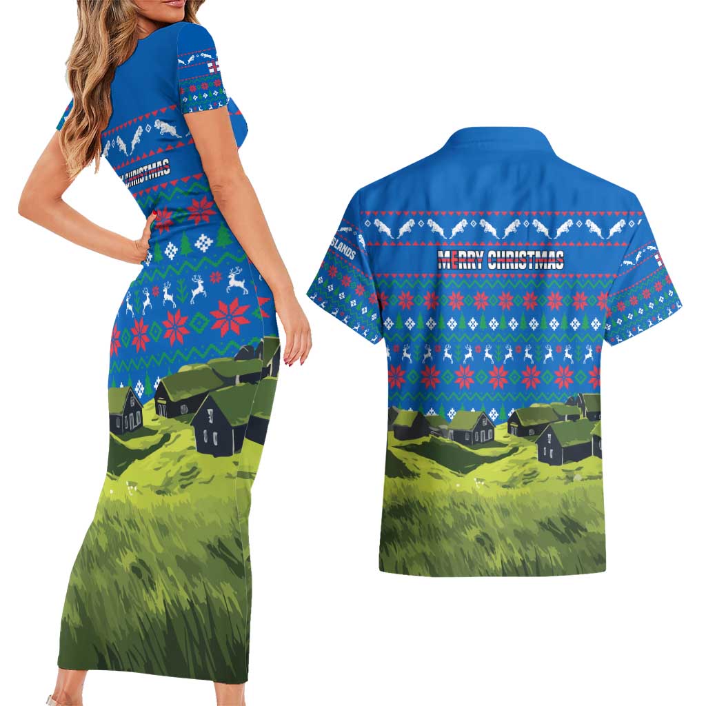Faroe Islands Christmas Couples Matching Short Sleeve Bodycon Dress and Hawaiian Shirt with Santa Riding Sheep Grass Roof Houses and Blue Nordic Pattern Design - Wonder Print Shop