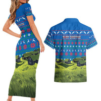 Faroe Islands Christmas Couples Matching Short Sleeve Bodycon Dress and Hawaiian Shirt with Santa Riding Sheep Grass Roof Houses and Blue Nordic Pattern Design - Wonder Print Shop