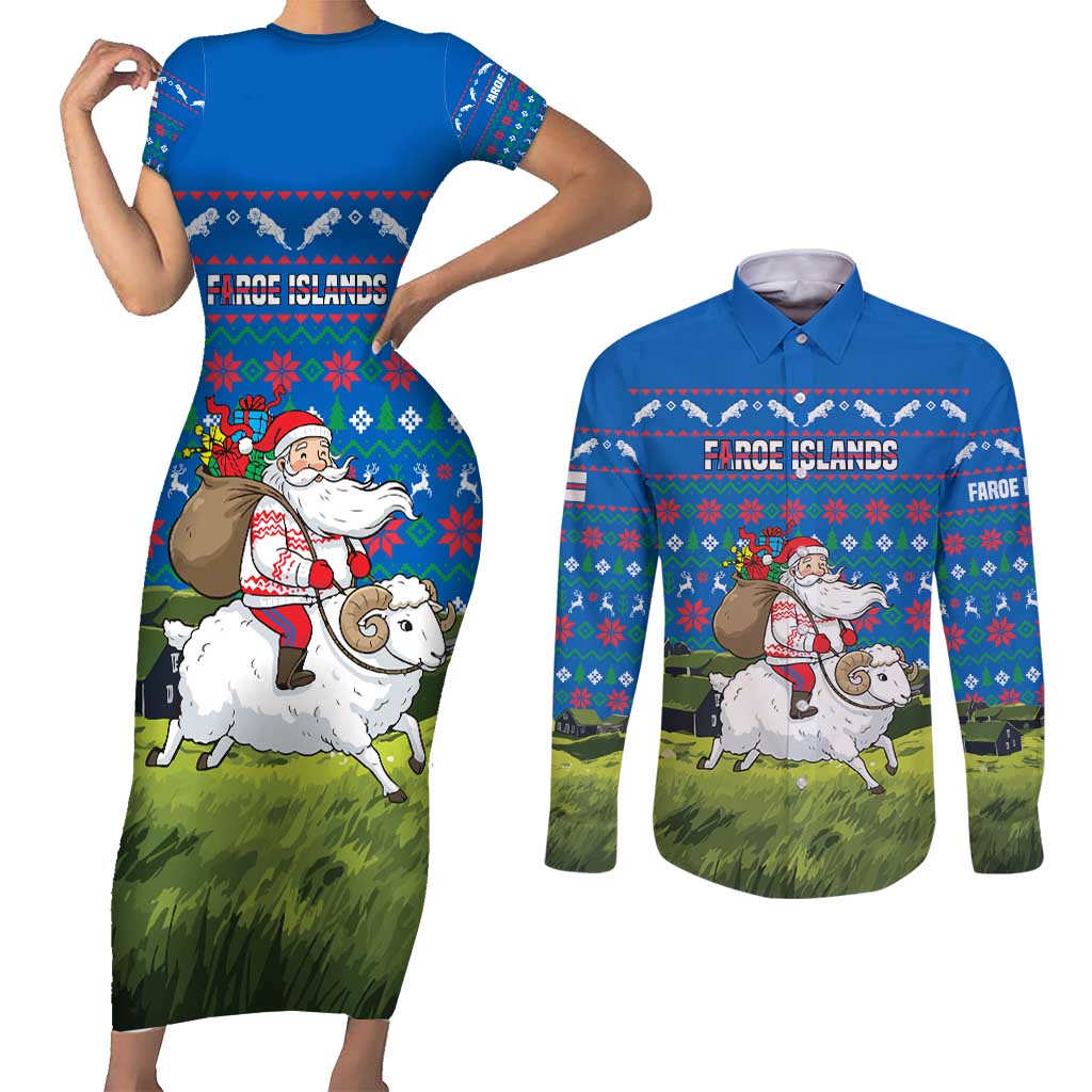 Faroe Islands Christmas Couples Matching Short Sleeve Bodycon Dress and Long Sleeve Button Shirt with Santa Riding Sheep Grass Roof Houses and Blue Nordic Pattern Design - Wonder Print Shop