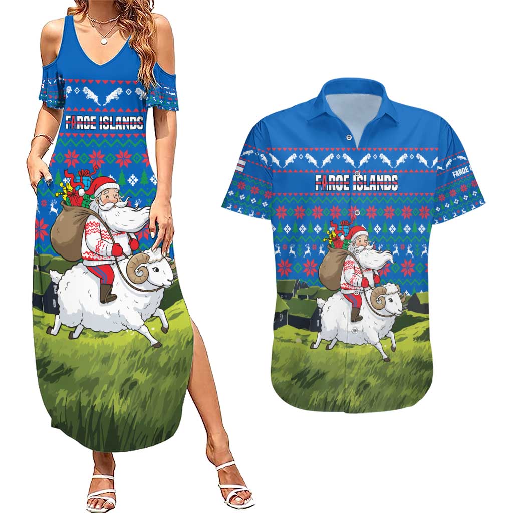 Faroe Islands Christmas Couples Matching Summer Maxi Dress and Hawaiian Shirt with Santa Riding Sheep Grass Roof Houses and Blue Nordic Pattern Design - Wonder Print Shop