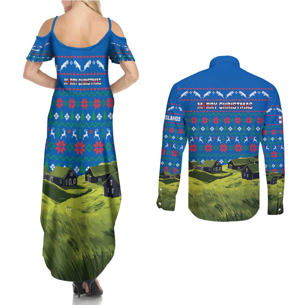 Faroe Islands Christmas Couples Matching Summer Maxi Dress and Long Sleeve Button Shirt with Santa Riding Sheep Grass Roof Houses and Blue Nordic Pattern Design - Wonder Print Shop