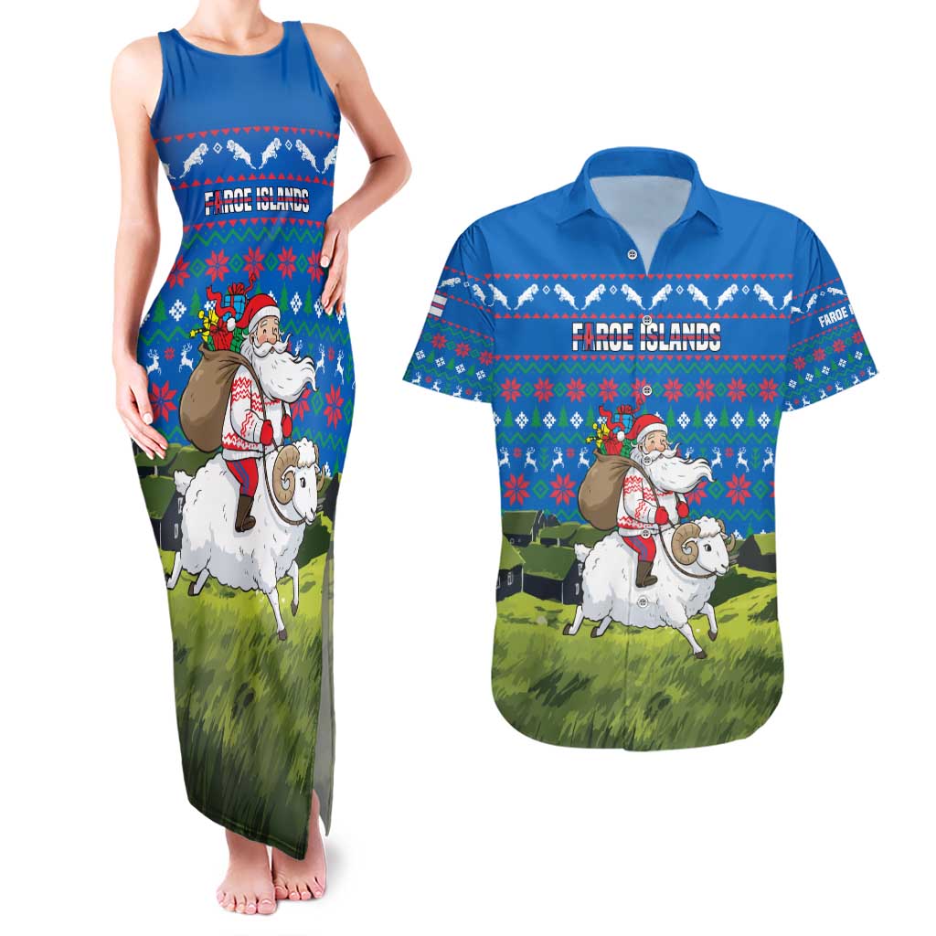 Faroe Islands Christmas Couples Matching Tank Maxi Dress and Hawaiian Shirt with Santa Riding Sheep Grass Roof Houses and Blue Nordic Pattern Design - Wonder Print Shop