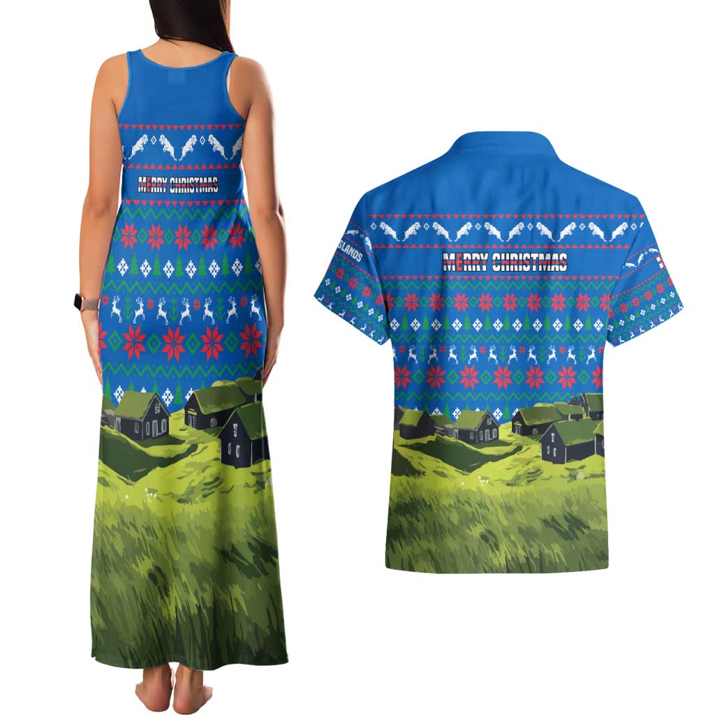 Faroe Islands Christmas Couples Matching Tank Maxi Dress and Hawaiian Shirt with Santa Riding Sheep Grass Roof Houses and Blue Nordic Pattern Design - Wonder Print Shop