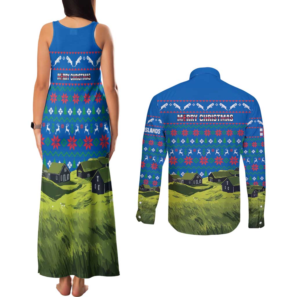 Faroe Islands Christmas Couples Matching Tank Maxi Dress and Long Sleeve Button Shirt with Santa Riding Sheep Grass Roof Houses and Blue Nordic Pattern Design - Wonder Print Shop