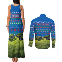 Faroe Islands Christmas Couples Matching Tank Maxi Dress and Long Sleeve Button Shirt with Santa Riding Sheep Grass Roof Houses and Blue Nordic Pattern Design - Wonder Print Shop