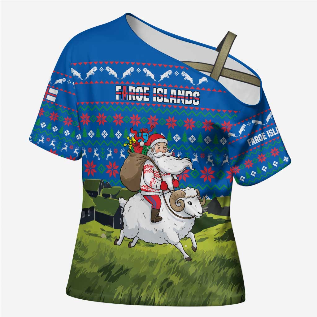 Faroe Islands Christmas Cross Shoulder Shirt with Santa Riding Sheep Grass Roof Houses and Blue Nordic Pattern Design - Wonder Print Shop