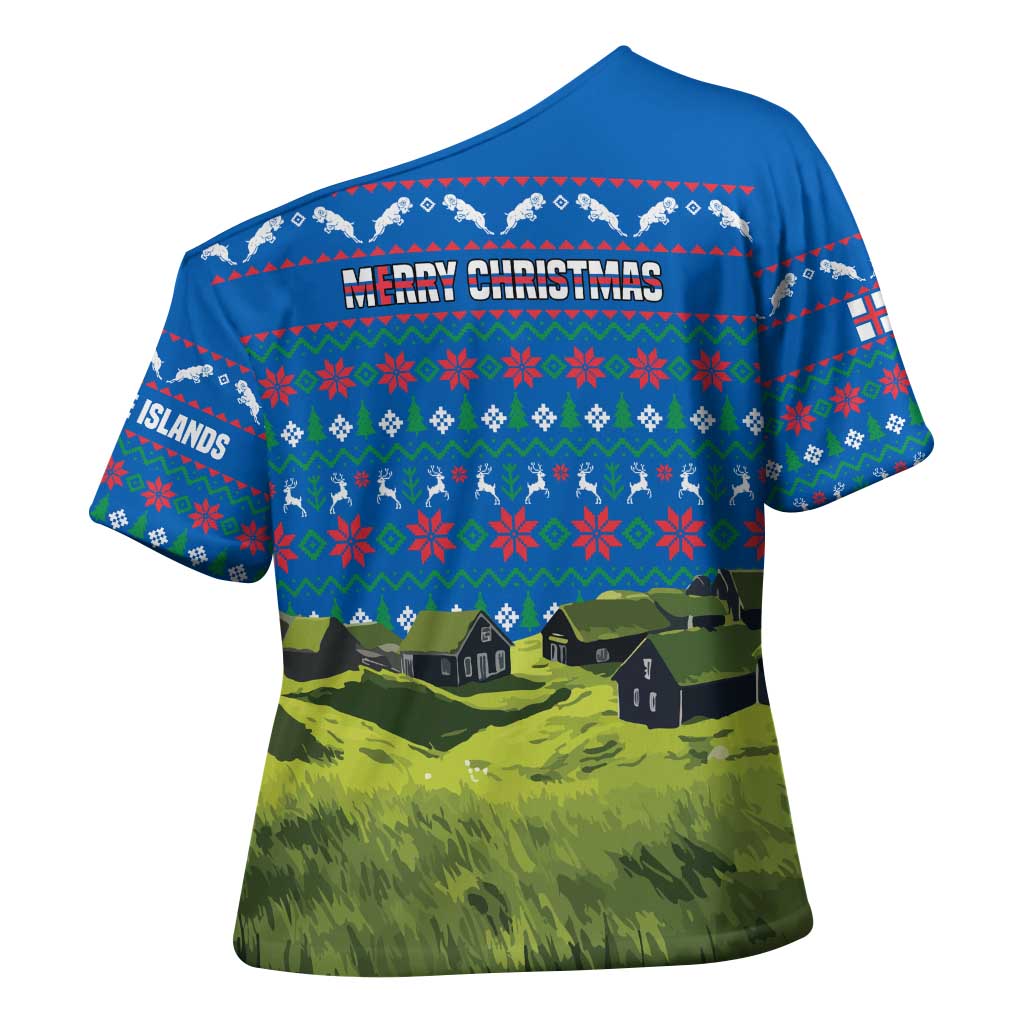 Faroe Islands Christmas Cross Shoulder Shirt with Santa Riding Sheep Grass Roof Houses and Blue Nordic Pattern Design - Wonder Print Shop