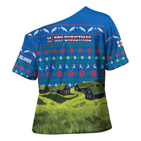 Faroe Islands Christmas Cross Shoulder Shirt with Santa Riding Sheep Grass Roof Houses and Blue Nordic Pattern Design - Wonder Print Shop