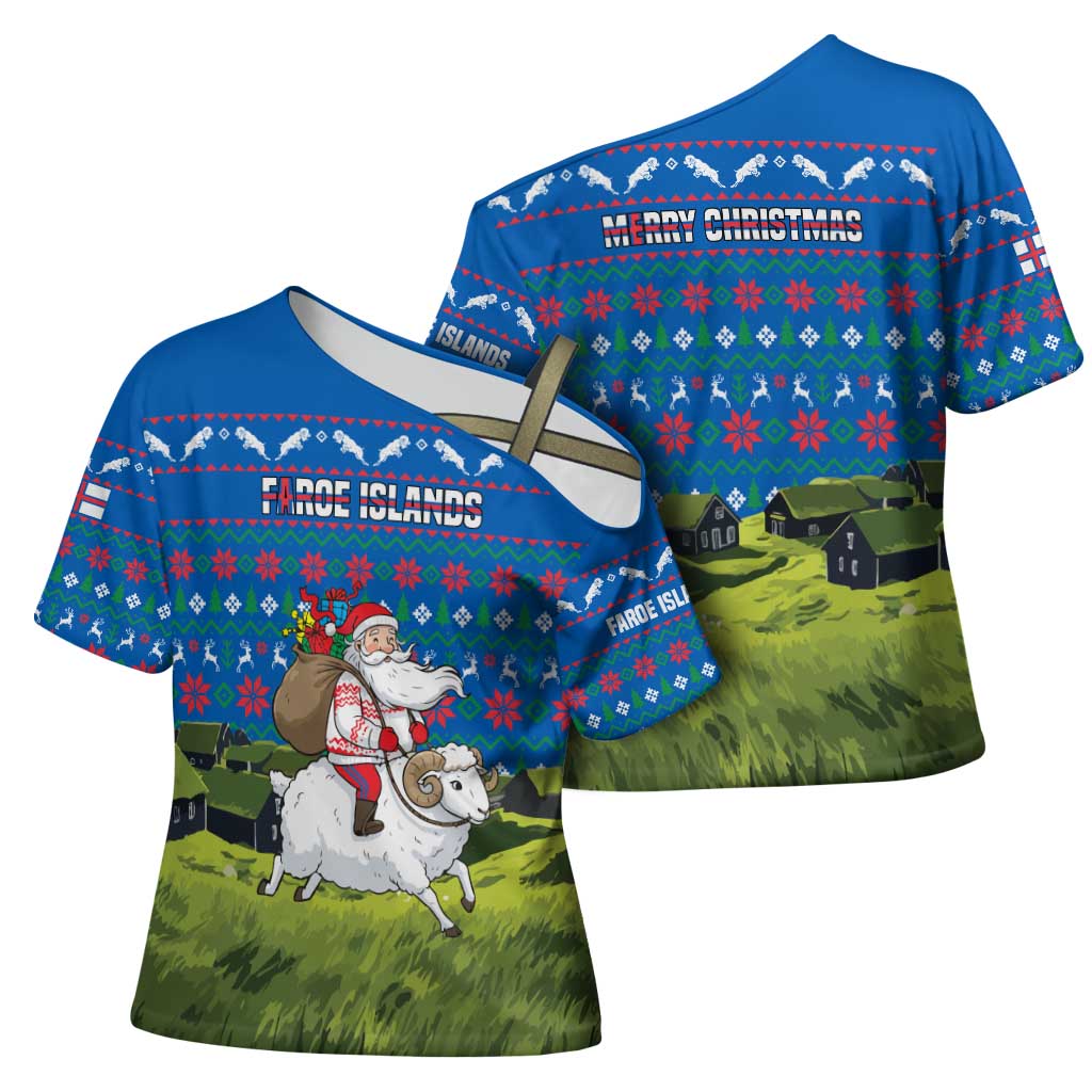 Faroe Islands Christmas Cross Shoulder Shirt with Santa Riding Sheep Grass Roof Houses and Blue Nordic Pattern Design - Wonder Print Shop