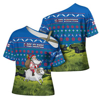 Faroe Islands Christmas Cross Shoulder Shirt with Santa Riding Sheep Grass Roof Houses and Blue Nordic Pattern Design - Wonder Print Shop