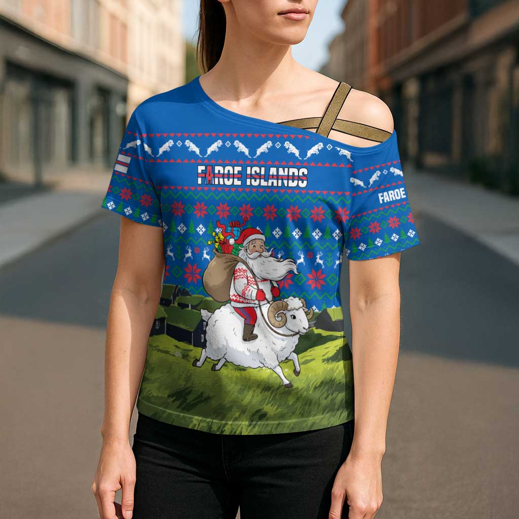 Faroe Islands Christmas Cross Shoulder Shirt with Santa Riding Sheep Grass Roof Houses and Blue Nordic Pattern Design - Wonder Print Shop