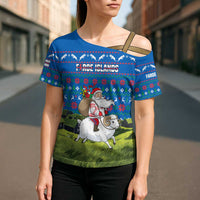 Faroe Islands Christmas Cross Shoulder Shirt with Santa Riding Sheep Grass Roof Houses and Blue Nordic Pattern Design - Wonder Print Shop