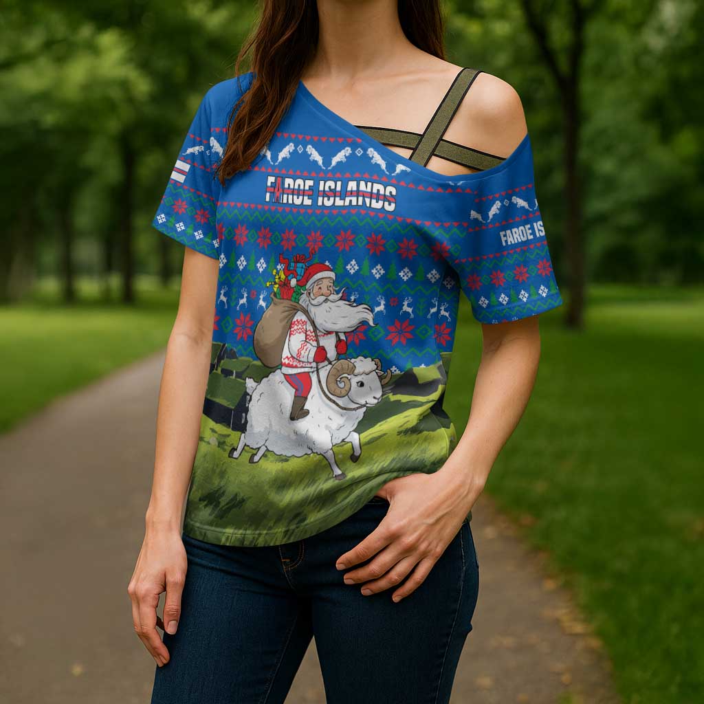 Faroe Islands Christmas Cross Shoulder Shirt with Santa Riding Sheep Grass Roof Houses and Blue Nordic Pattern Design - Wonder Print Shop