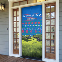 Faroe Islands Christmas Door Cover with Santa Riding Sheep Grass Roof Houses and Blue Nordic Pattern Design - Wonder Print Shop