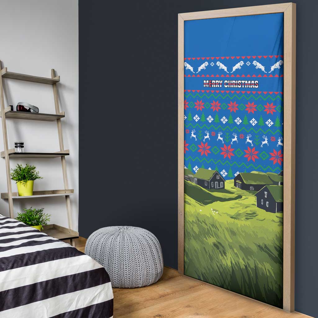 Faroe Islands Christmas Door Cover with Santa Riding Sheep Grass Roof Houses and Blue Nordic Pattern Design - Wonder Print Shop