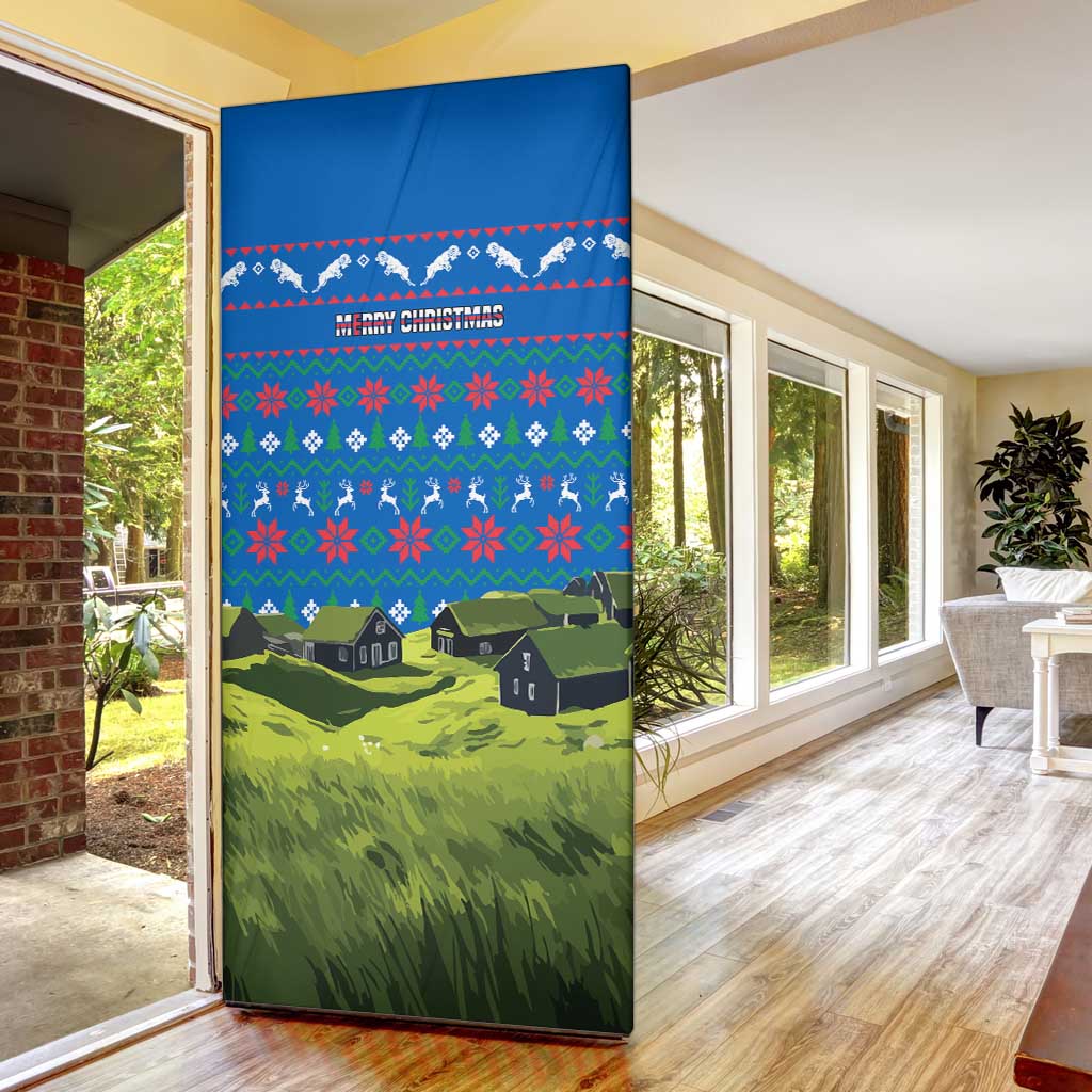 Faroe Islands Christmas Door Cover with Santa Riding Sheep Grass Roof Houses and Blue Nordic Pattern Design - Wonder Print Shop