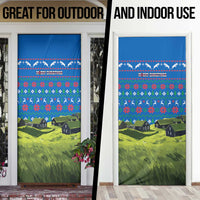 Faroe Islands Christmas Door Cover with Santa Riding Sheep Grass Roof Houses and Blue Nordic Pattern Design - Wonder Print Shop