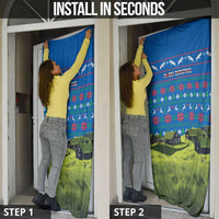 Faroe Islands Christmas Door Cover with Santa Riding Sheep Grass Roof Houses and Blue Nordic Pattern Design - Wonder Print Shop