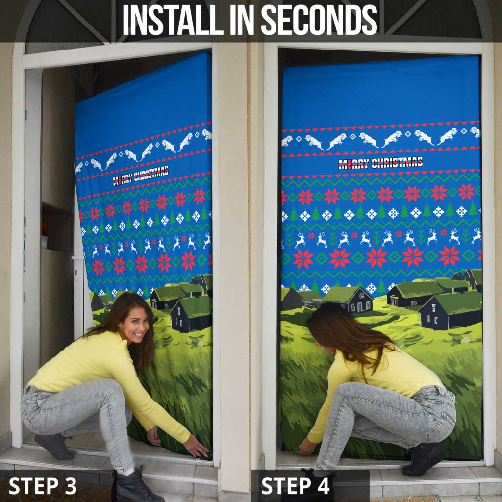 Faroe Islands Christmas Door Cover with Santa Riding Sheep Grass Roof Houses and Blue Nordic Pattern Design - Wonder Print Shop