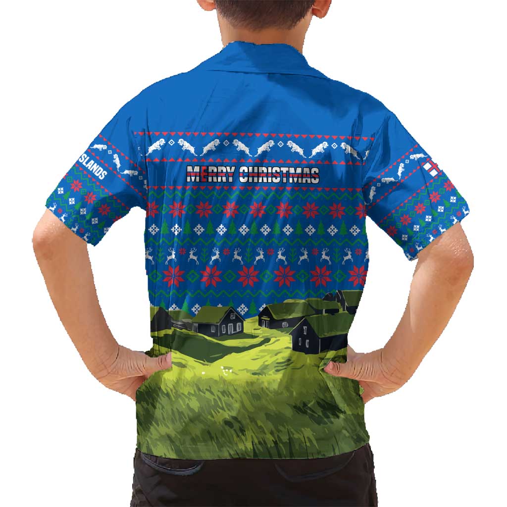 Faroe Islands Christmas Family Matching Long Sleeve Bodycon Dress and Hawaiian Shirt with Santa Riding Sheep Grass Roof Houses and Blue Nordic Pattern Design - Wonder Print Shop