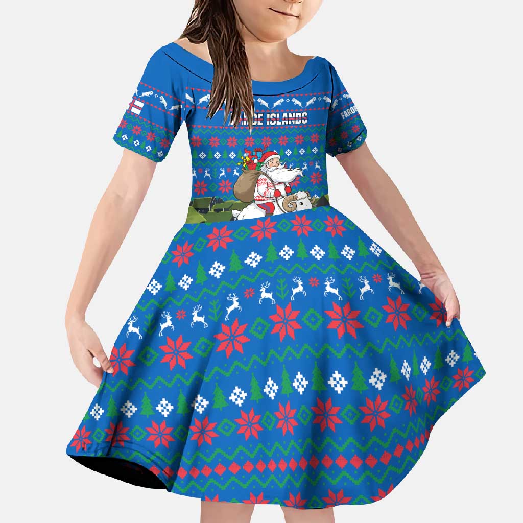 Faroe Islands Christmas Family Matching Long Sleeve Bodycon Dress and Hawaiian Shirt with Santa Riding Sheep Grass Roof Houses and Blue Nordic Pattern Design - Wonder Print Shop