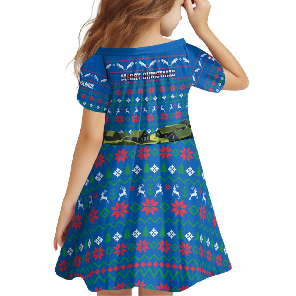Faroe Islands Christmas Family Matching Long Sleeve Bodycon Dress and Hawaiian Shirt with Santa Riding Sheep Grass Roof Houses and Blue Nordic Pattern Design - Wonder Print Shop