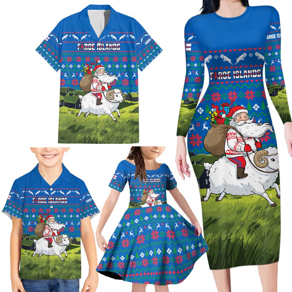 Faroe Islands Christmas Family Matching Long Sleeve Bodycon Dress and Hawaiian Shirt with Santa Riding Sheep Grass Roof Houses and Blue Nordic Pattern Design - Wonder Print Shop