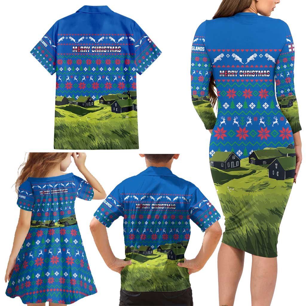 Faroe Islands Christmas Family Matching Long Sleeve Bodycon Dress and Hawaiian Shirt with Santa Riding Sheep Grass Roof Houses and Blue Nordic Pattern Design - Wonder Print Shop